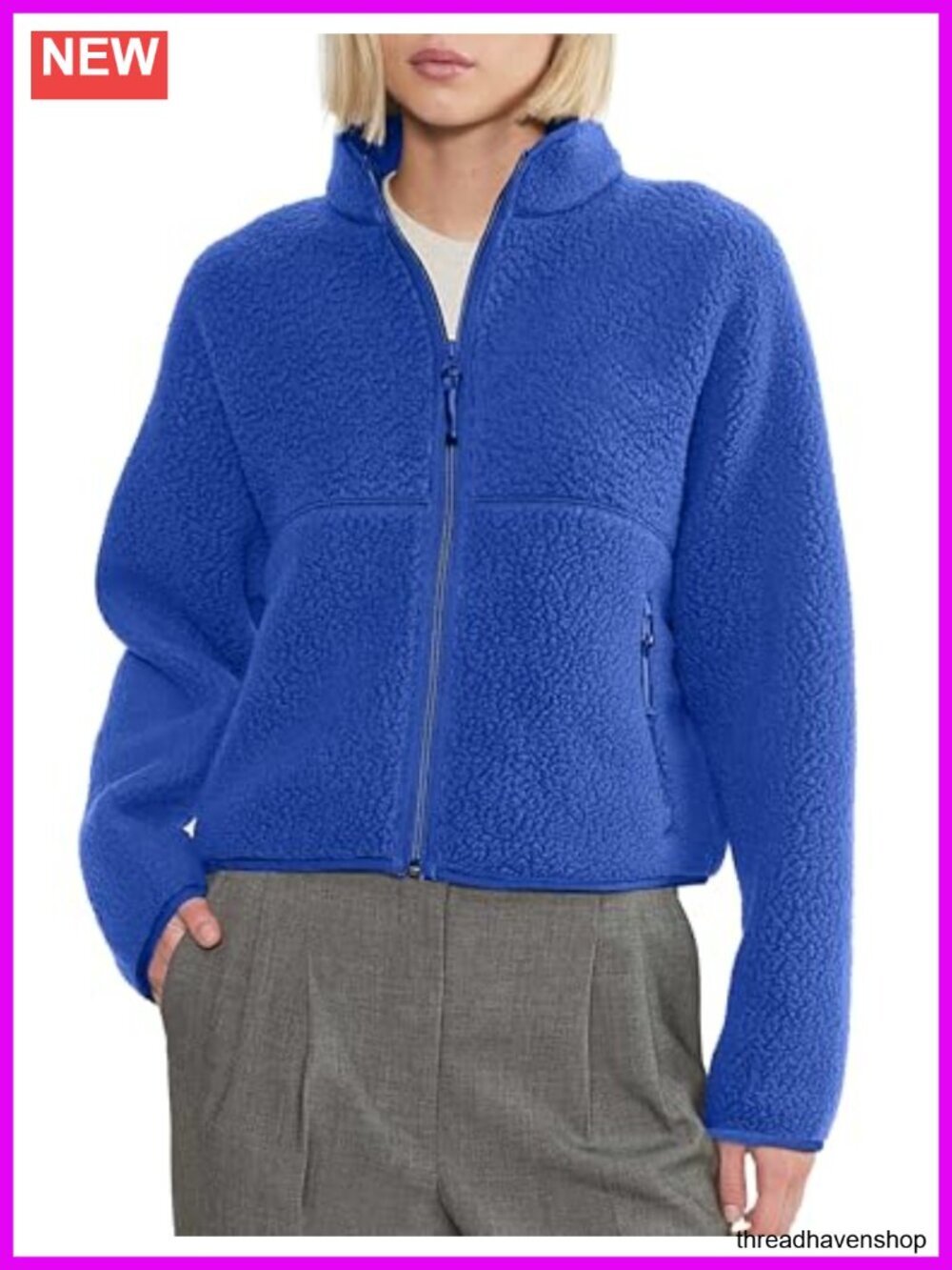 Women's Fleece Jacket Long Sleeve Sherpa Coat Zip Up Stand Collar Pockets
